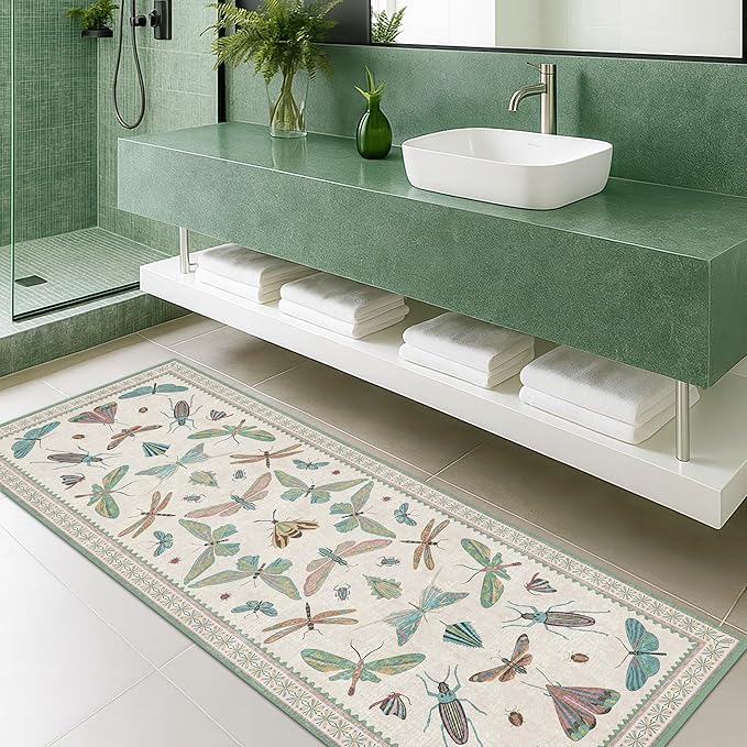 Washable Non Slip Bathroom Runner Rug 2x5, Insect Boho Bath Mat, Stain Resistant Low Pile Butterfly Insect Print Rugs for Laundry Room, Powder Room, Beige Green