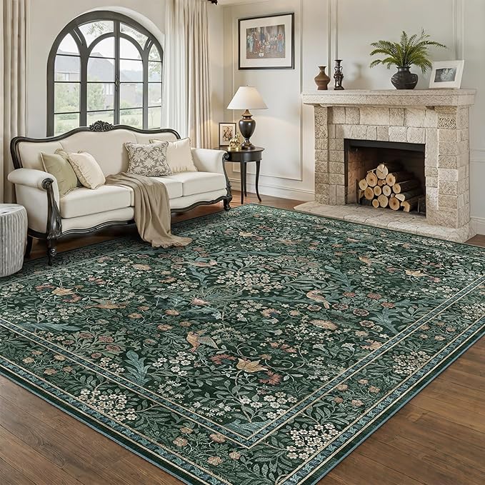 6x9 Floral Washable Area Rug for Living Room, Vintage Boho Rugs for Bedroom Dining Room, Botanical Birds Non Slip Low Pile Forest Throw Carpet for Farmhouse Office, Retro Green/Blue