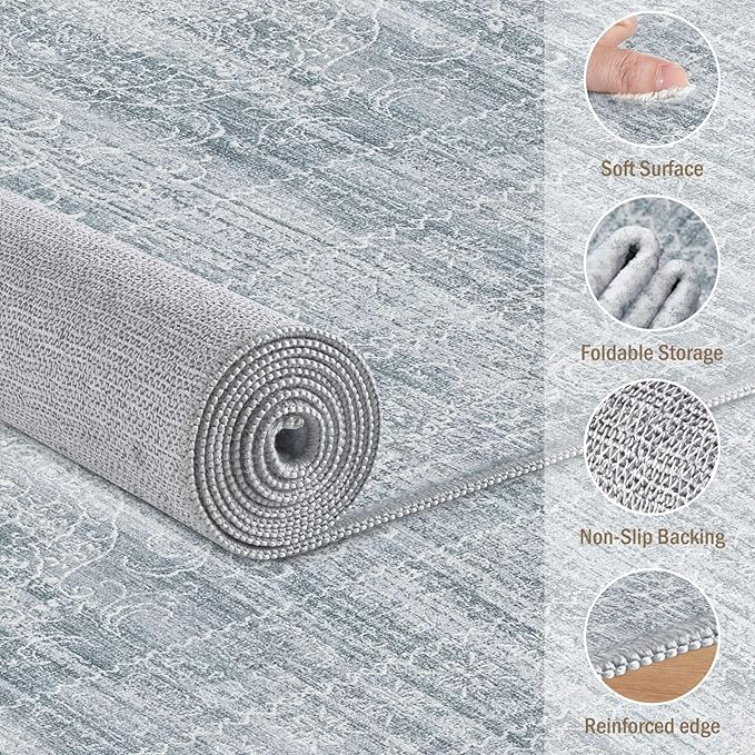 10x14 Area Rugs Living Room: Washable Large Vintage Blue Rug Neutral Non-Slip Soft Stain Resistant Indoor Carpet for Bedroom Nursery Dining Room Under Table Bed Home House Office Playroom