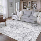 HUGEAR Washable 5x7 Area Rugs Retro Grey Living Room Bedroom Rug Vintage Distressed Non Slip Stain Resistant Low Pile Neutral Throw Carpet for Home Decor