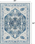 EnHomee 5x7 Area Rugs Washable for Bedroom, Boho Vintage Rugs, Foldable Area Rug for Dining Room, Non-Slip Soft Living Room Rug, Low Pile Large Carpet for Bathroom, Colorful Print, Blue and White