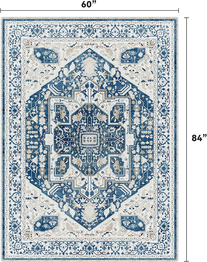EnHomee 5x7 Area Rugs Washable for Bedroom, Boho Vintage Rugs, Foldable Area Rug for Dining Room, Non-Slip Soft Living Room Rug, Low Pile Large Carpet for Bathroom, Colorful Print, Blue and White