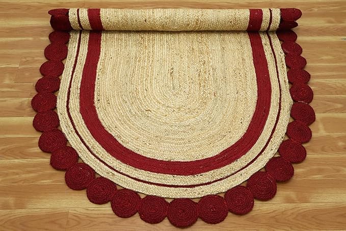 12x18 Oval Jute Rug – Handmade Boho Flatweave Rug, Hand Braided Natural Jute, Solid Red Beige, 0.27" Thick Oval Carpet for Large Bedroom, Dining, Living Room