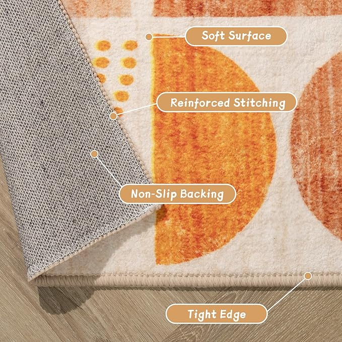 MUJOO Boho Runner Rug Washable,2x6 Area Rugs for Hallways Kitchen Bathroom Bedroom Entryway,Non Slip Carpet Long Mat Indoor,Soft Modern Abstract Bohemian Orange