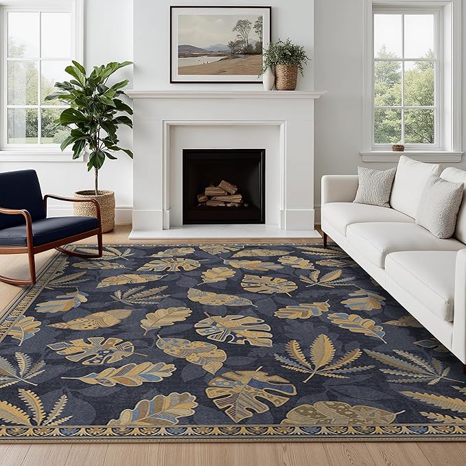 GENIMO 8x10 Area Rugs for Living Room, Machine Washable Non Slip Vintage Retro Rugs, Low Pile Soft Chenille Print Rug for Bedroom, Dining Room, Home Office, Leafy Twilight