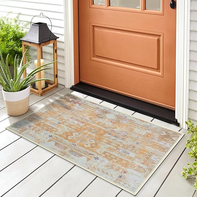 GLN Rugs Traditional Collection - Machine Washable Area Rug, Traditional Washable, Non Slip, Low Pile Chenille Rug, Living Room, Bedroom, Kitchen Rug (2' x 3' Sand/Light Gray)