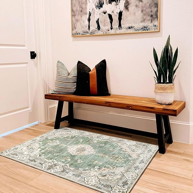 MUJOO Green Area Rug Small Rugs Boho Machine Washable Rugs Non Slip for Entryway Kitchen Bathroom Bedroom Vintage Soft Low-Pile 2'x3' Flowers
