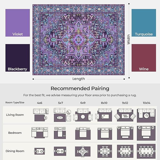 Kokia 8x10 Washable Area Rugs Violet Purple with Vintage Orient Design Soft Rug for Living Room or Bedroom Non-Slip Low Pile Stain Resistance Features Distressed Medallion Pattern