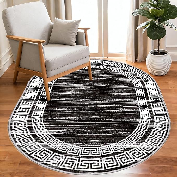 Minimalist Distressed Black Off White Greek Key Pattern Bordered Rug 12x15 for Liivng Room Bedroom Dining Room Soft Non Skid Washable Large Rugs Nursery Dorm Kitchen Rustic Classic Indoor Oval Carpet