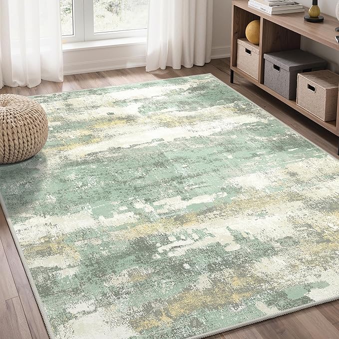 GENIMO 4x6 Rug for Entryway Washable Area Rug, Modern Abstract Small Rugs for Entrance Living Room, Bedroom Beside Rugs, Non-Slip Low Pile Lightweight Soft Carpet, Light Green