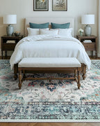 Area Rugs 9'x12' Washable Non-Slip, Floral Vintage Distress Print Pattern Medallion Carpet for Living Room Bedroom Dining Room, Green Navy Blue White Red Teal Colorful