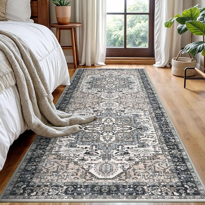 KOZYFLY Boho Runner Rug 3x8 Ft Washable Hallway Rug Faux Wool Printed Long Floor Carpet for Entryway Bedroom Kitchen Living Room Indoor Soft Durable Design, Black/Taupe/Beige