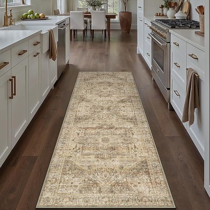 Brown Multi Hallway Runner Rug 3x7 Vintage Washable Distressed Area Carpet Kitchen Indoor Non Slip Long Traditional Medallion Retro Accent Throw Rug for Bedroom Laundry Dining Living Room