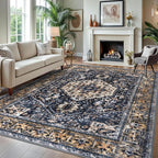 KOZYFLY Boho Area Rug 8x10 Ft Thin Rugs for Living Room Washable Bedroom Rug Non Slip Rugs for Living Room Gold Navy Printed Faux Wool Vintage Bedroom Rug Floor Carpet for Dining Room