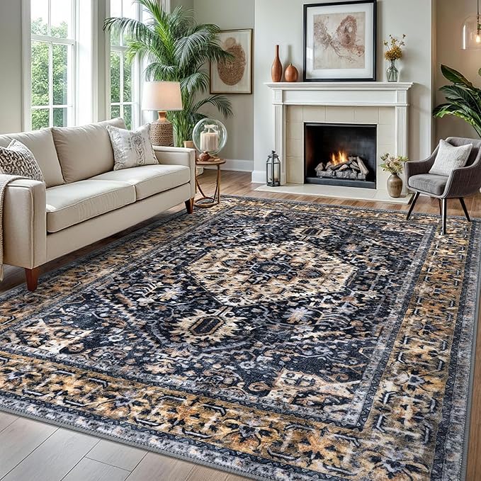 KOZYFLY Boho Area Rug 8x10 Ft Thin Rugs for Living Room Washable Bedroom Rug Non Slip Rugs for Living Room Gold Navy Printed Faux Wool Vintage Bedroom Rug Floor Carpet for Dining Room