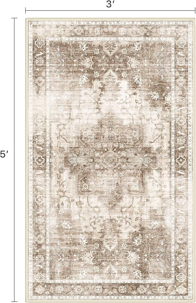 3x5 Area Rugs for Living Room, Machine Washable Non Slip Vintage Rugs, Low Pile Lightweight Print Rug for Bedroom, Dining Room, Home Office, Latte Beige