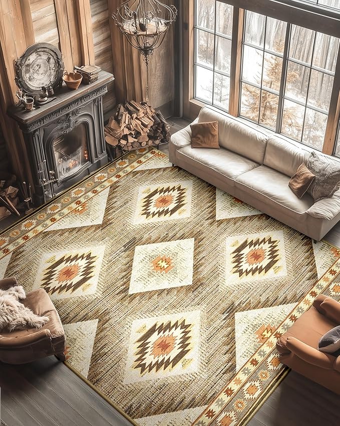 Area Rug 10x14 Rug Machine Washable Non-Slip Low Pile Print Pattern Western Rug for Living Room Bedroom Entryway Tribal Series -Cream/Camel