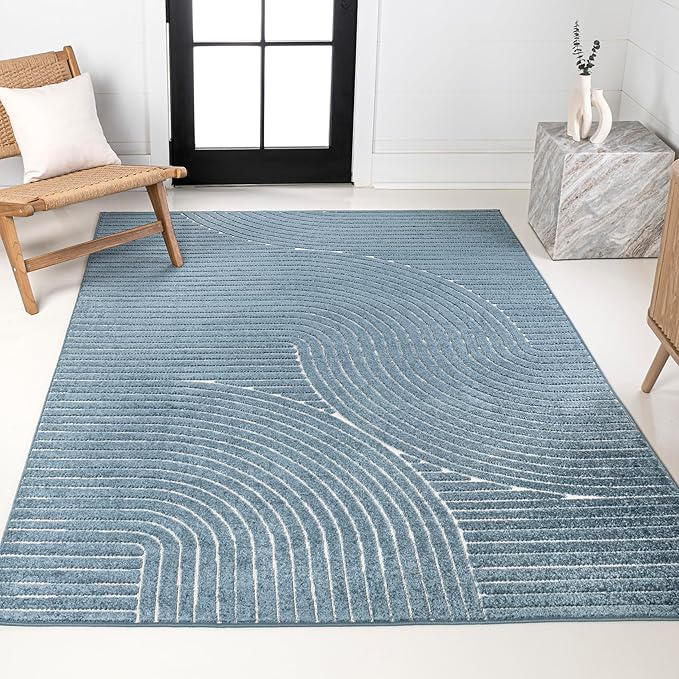 JONATHAN Y Hallie High-Low Curve Dark Blue/Cream 8x10 Indoor/Outdoor Area Rug, Minimalist Geometric, Pet Friendly, for Patio, Backyard, Living Room, Bedroom, Office, Hose-Washable (SCN100C-8)