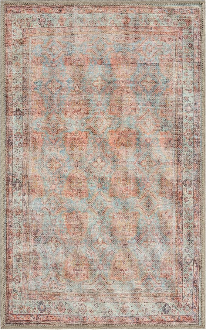 GLN Rugs Traditional Collection - Machine Washable Area Rug, Traditional Washable, Non Slip, Low Pile Chenille Rug, Living Room, Bedroom, Kitchen Rug (2' x 3' Terra/Multicolor 1153)