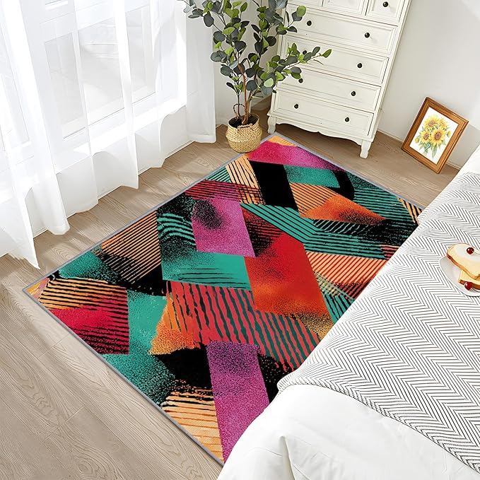Patchwork Rug - 5x7 Rug, Colorful Geometric Art Area Rugs, Abstract Retro Aesthetic Washable Soft Floor Carpets Home Decor #C033