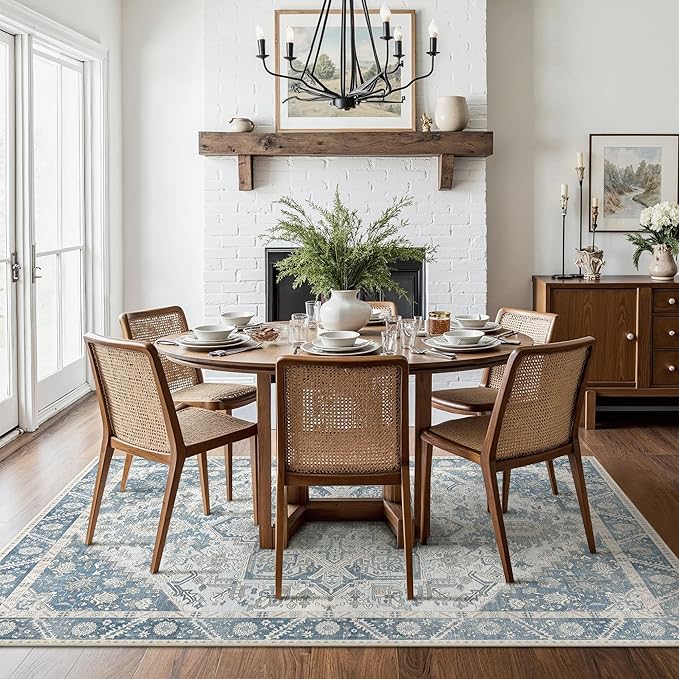 8x10 Area Rug Machine Washable Boho Rug for Living Room,Ultra-Thin Low Pile Carpet,Lightweight Indoor Printed Rug,Non Slip Floral Area Rug for Bedroom, Dining Room, Home Office,Light Blue