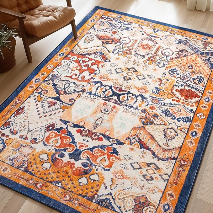 Phantoscope Washable Area Rug 3'x5' Non-Slip, Vintage Boho Rugs for Living Room, Bedroom, Dining Room, Distressed Persian Market Pattern, Low-Pile Foldable Floor Carpet, Navy/Orange