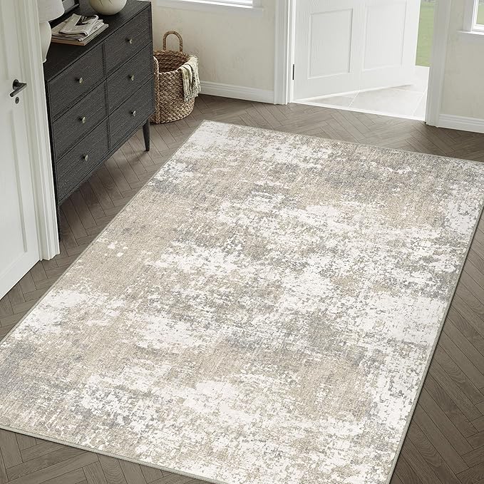 Modern Abstract Beige Gray Area Rug 5x7 Machine Washable Large Carpet Neutral Kitchen Indoor Accent Throw Low Pile Non Slip Distressed Living Dining Room Bedroom Office