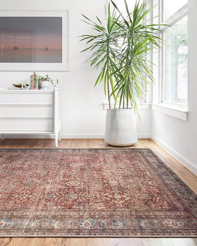 Loloi Layla Collection LAY-01 Brick/Blue 3'-6" x 5'-6" .13" Thick Accent Rug, Soft, Durable, Vintage Inspired, Distressed, Low Pile, Non-Shedding, Easy Clean, Printed, Living Room Rug