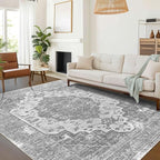vivorug 6x9 Area Rugs, Stain Resistant Washable Rug for Living Room, Vintage-Inspired Grey Floral Rug