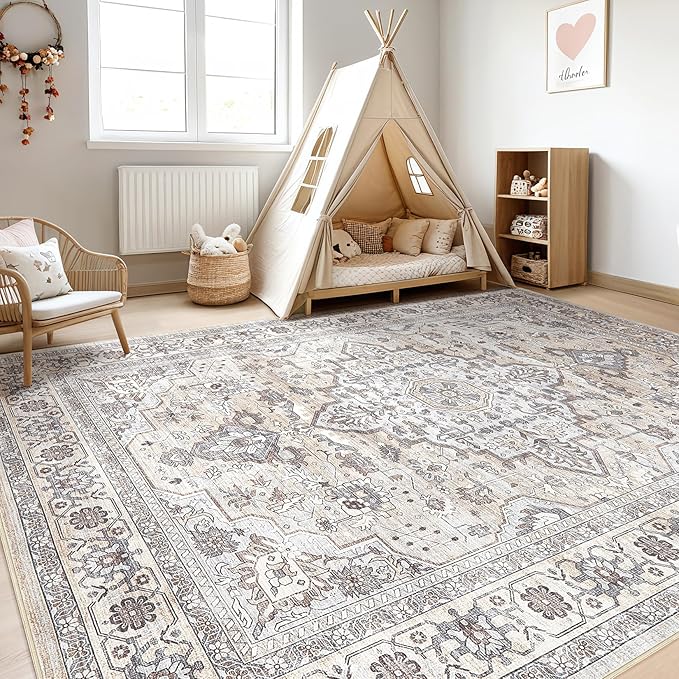 8x10 Area Rugs Living Room: Washable Boho Large Neutral Vintage Soft Rugs Stain Resistant Farmhouse Non Slip Indoor Floor Carpet for Bedroom Nursery Kids Playroom Office Dining Room Home- Ivory Gray