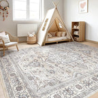 7x10 Area Rug Living Room: Washable Boho Large Neutral Vintage Soft Rugs Stain Resistant Farmhouse Non Slip Indoor Floor Carpet for Bedroom Nursery Kids Playroom Office Dining Room- Ivory Gray