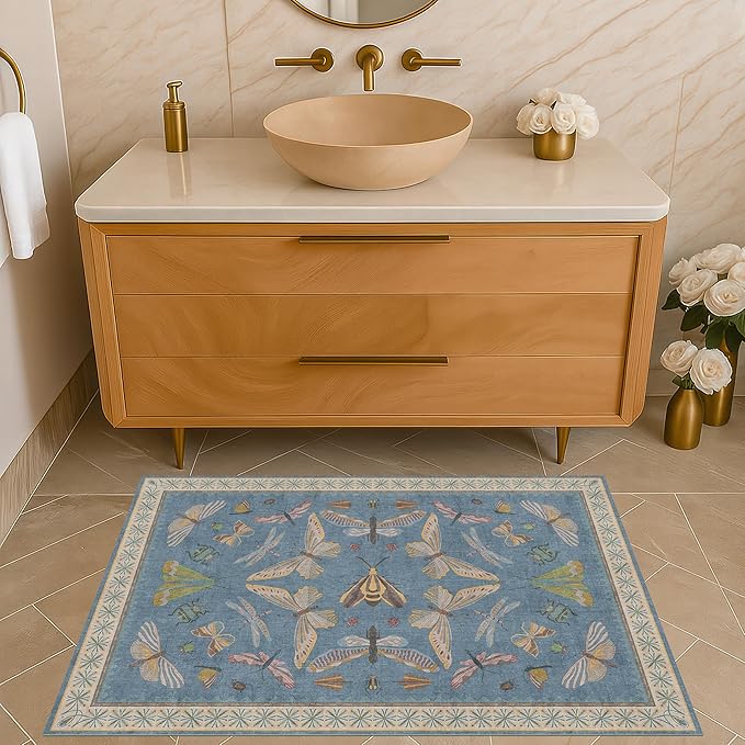 Blue 2x3 Kitchen Rugs Non Slip Washable, 0.25" Low Pile Stain & Fade Resistant, Waterproof Indoor Floor Mat for Entryway, Bathroom, Laundry Room, Boho Insect Floral Decor