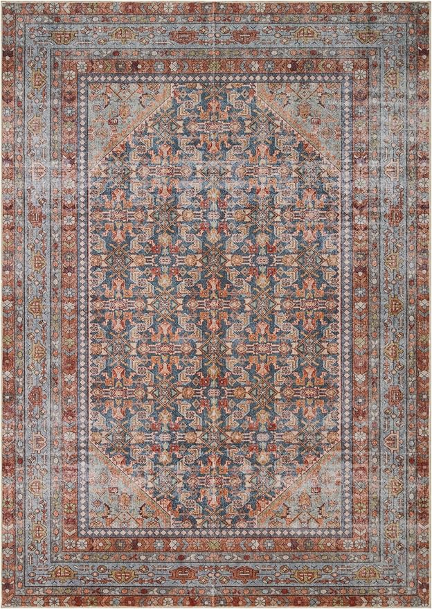 Kuden 10x14 Large Area Rug, Machine Washable Area Rug with Non-Slip Backing, Vintage Style, Soft, Easy Clean, Low Pile Rug for Living Room, Bedroom, Dining Room