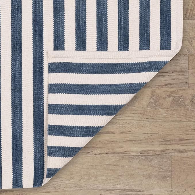 Home Conservatory Ladder Stripe Navy/Ivory Handwoven Wool 4 X 6 Feet, Blue/Ivory Stripe Pattern