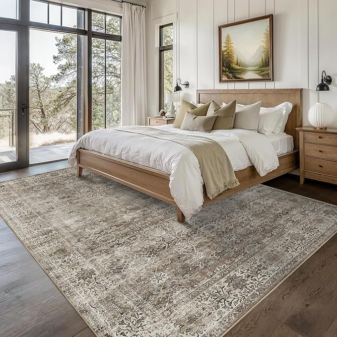 8x10 Washable Area Rug Grey Brown Vintage Rug for Living Room Bedroom Low Pile Soft Non-Slip Boho Rug for Under Table Boho Distressed Retro Carpet for Bedroom Kitchen Office Dining
