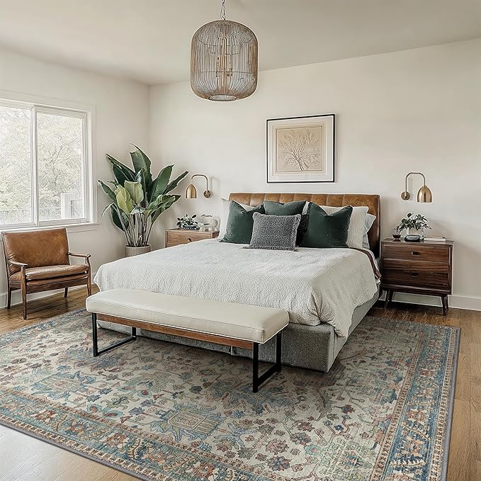 Area Rugs 8x10 Clearance Washable Boho Rug for Bedroom Living Room, Non Slip Thin Low Pile Chenille Carpet for Dining Room,Vintage Farmhouse, Blue/Ivory