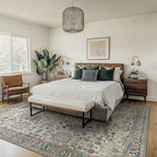 Area Rugs 8x10 Clearance Washable Boho Rug for Bedroom Living Room, Non Slip Thin Low Pile Chenille Carpet for Dining Room,Vintage Farmhouse, Blue/Ivory