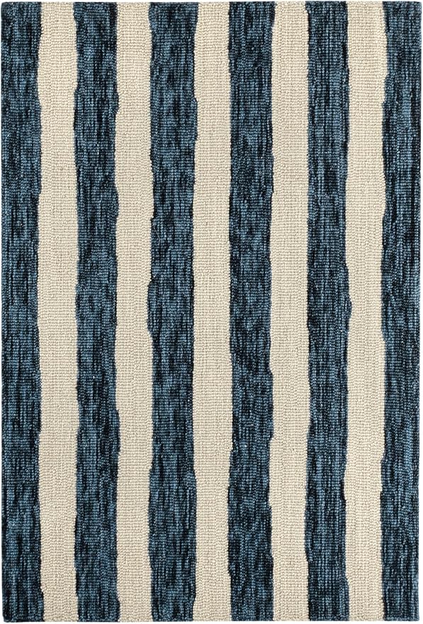 Dash & Albert Silas Stripe Navy Hand Micro Hooked Wool Rug, 2 X 3 Feet, Blue Stripe Pattern - Premium Luxury Hotel Quality Soft Breathable Hypoallergenic Machine Washable Easy Care All Season