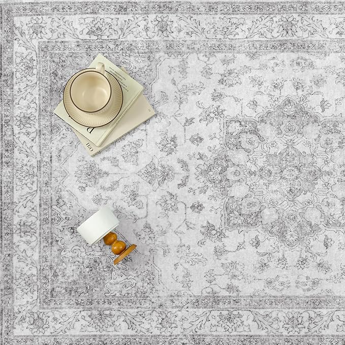Grey Gray Area Rug 2x3 Washable Vintage Small Carpet for Entryway Kitchen Soft Retro Low Pile Thin Door Mat Non Slip Oriental Medallion Throw Rug for Bathroom Office Bedroom Dining Room