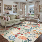 Beige Area Rug 8x10 Floral Washable Living Room Kitchen Boho Carpet Non Slip Low Pile Indoor Accent Lightweight Soft Throw Rug for Bedroom Office Dining Room Nursery Farmhouse