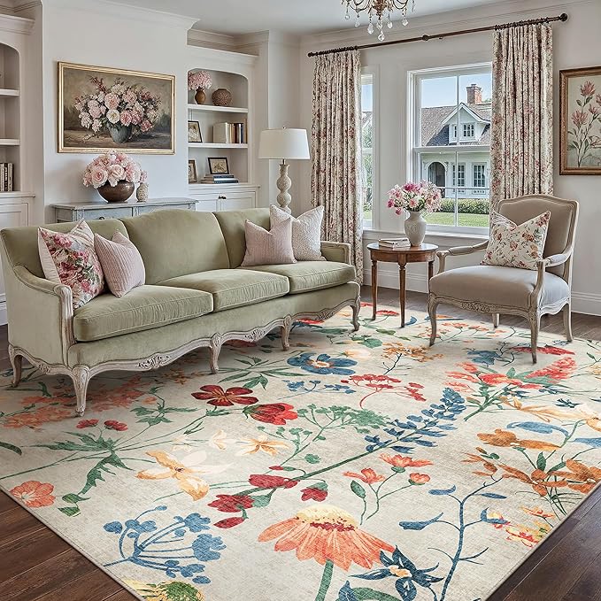Beige Area Rug 5x7 Floral Washable Living Room Kitchen Boho Carpet Non Slip Low Pile Indoor Accent Lightweight Soft Throw Rug for Bedroom Office Dining Room Nursery Farmhouse