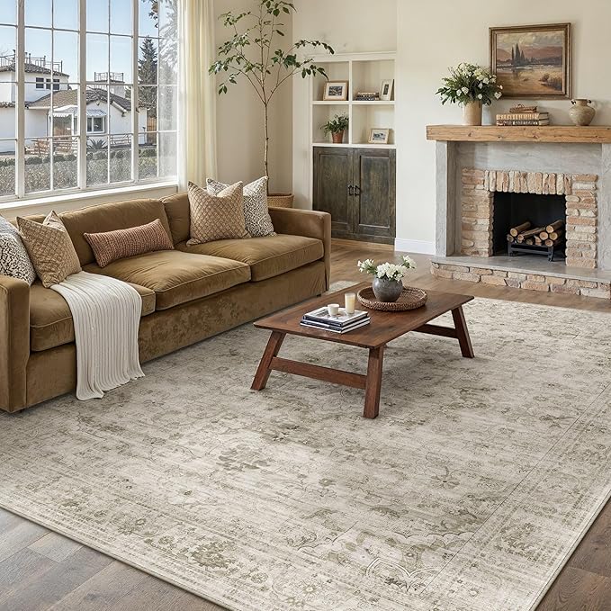 HUGEAR Washable 9x12 Area Rugs Retro Beige Living Room Bedroom Rug Vintage Distressed Non Slip Stain Resistant Low Pile Neutral Throw Carpet for Home Decor