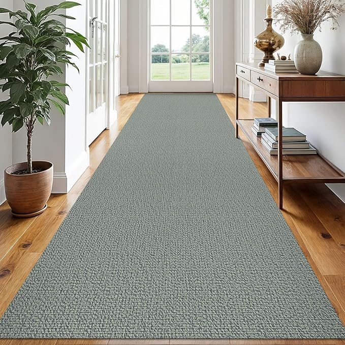 EARTHALL Extra Long Runner Rug 3x16 Ft Washable Runners for Hallways Cotton Non Slip Entryway Runner Braided Kitchen Runner Indoor Outdoor Carpet Runners for Hotels, Hall, Stair, Green/Grey