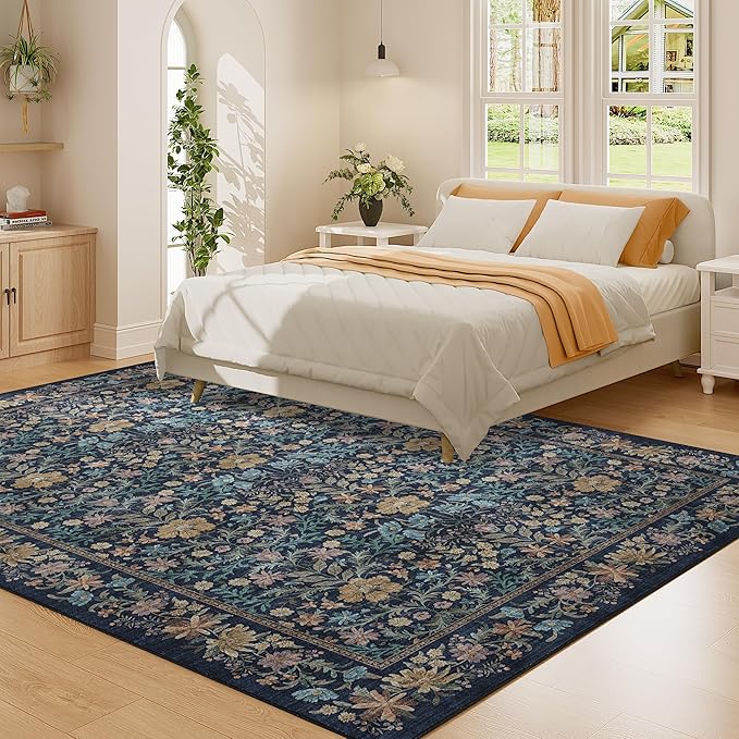 DUKINO 6x9 Rugs for Living Room, Vintage Washable Rug with Non Slip Backing, Floral Low Pile & Non-Shedding Large Area Carpets for Bedroom, Dining Room, Farmhouse, Home Office, Dark Blue