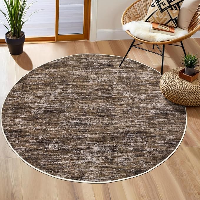 RUGSREAL Washable Round Rug 4x4 ft for Living Room Modern Round Rug Small Bedside Carpet with Rubber Backing Stain Resistant Small Entry Mat Neutral Circle Rug for Bedroom Nursery Home Decor, Brown