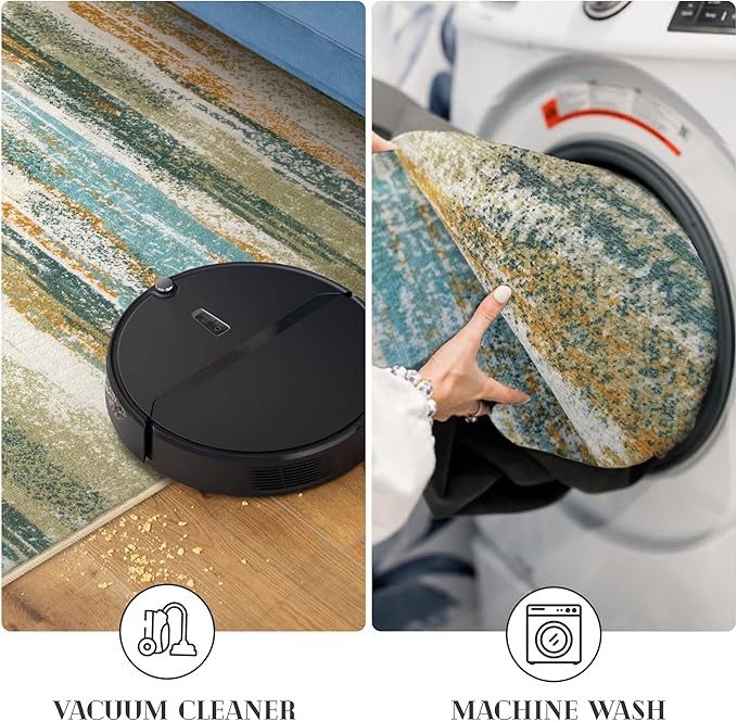 Modern Abstract Runner Rug 3x10, Green Teal Mustard Washable Kitchen Runner Non-Slip Soft Hallway Rug Runner Thin Print Faux Wool Carpet for Entryway Bedroom Indoor Home Office Decor