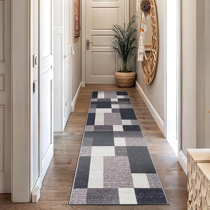 Rugshop Modern Boxes Design Non-Slip (Non-Skid) Runner Rug 2'7" x 12' Gray