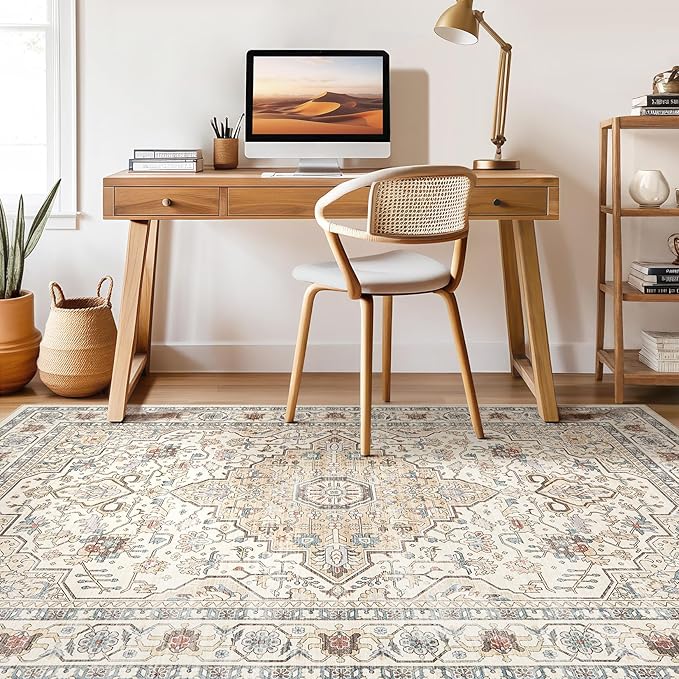 6x9 Area Rugs Living Room: Washable Boho Large Neutral Vintage Soft Rug Stain Resistant Farmhouse Non Slip Indoor Floor Carpet for Bedroom Nursery Kids Playroom Office Dining Room- Cream Blue