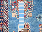 Cerulean Blue Special Kazak with All Over Pattern Natural Dyes Pure Wool Hand Knotted Oriental Densely Woven Rug(9'x11'8")