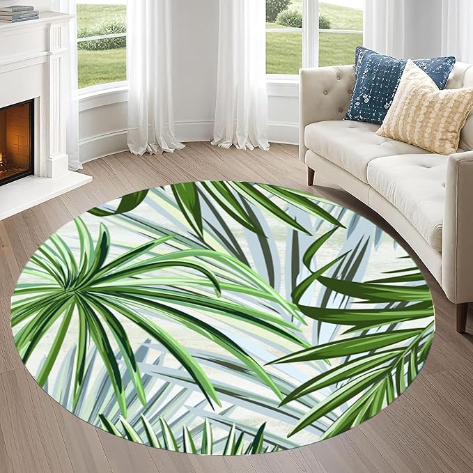 Round Rug 3ft - Pink Tropical Floral with Watercolor Leaves, Non-Slip Low Pile Circle Rug, Bohemian Jungle Turtleback Design for Dining Room Table, Living Room, Bedroom